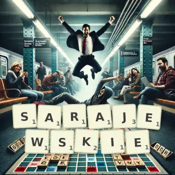 Kreatywna ilustracja do gry w Scrabble ze słowem SARAJEWSKIE ułożonym z płytek na planszy.