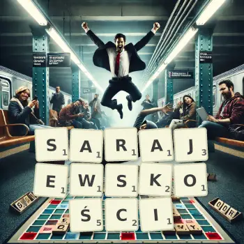 Kreatywna ilustracja do gry w Scrabble ze słowem SARAJEWSKOŚCI ułożonym z płytek na planszy.