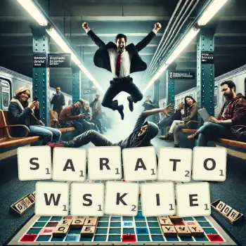 Kreatywna ilustracja do gry w Scrabble ze słowem SARATOWSKIE ułożonym z płytek na planszy.