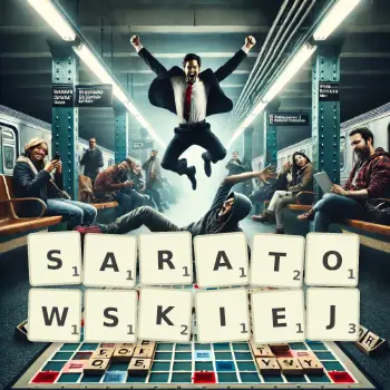 Kreatywna ilustracja do gry w Scrabble ze słowem SARATOWSKIEJ ułożonym z płytek na planszy.
