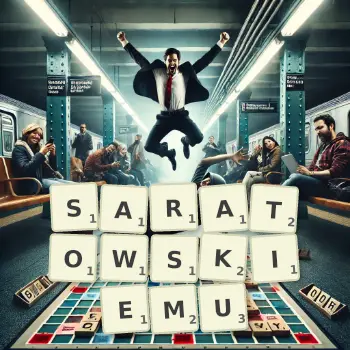 Kreatywna ilustracja do gry w Scrabble ze słowem SARATOWSKIEMU ułożonym z płytek na planszy.