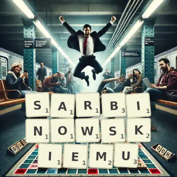 Kreatywna ilustracja do gry w Scrabble ze słowem SARBINOWSKIEMU ułożonym z płytek na planszy.