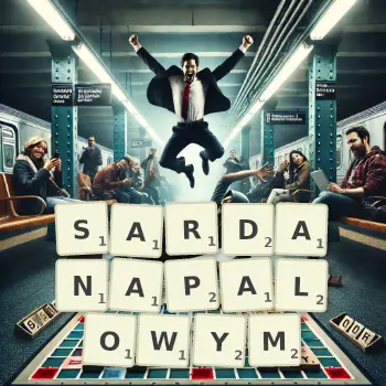 Kreatywna ilustracja do gry w Scrabble ze słowem SARDANAPALOWYM ułożonym z płytek na planszy.