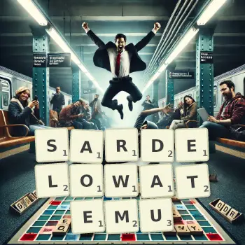 Kreatywna ilustracja do gry w Scrabble ze słowem SARDELOWATEMU ułożonym z płytek na planszy.