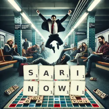 Kreatywna ilustracja do gry w Scrabble ze słowem SARINOWI ułożonym z płytek na planszy.