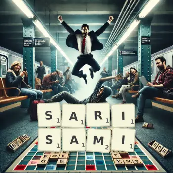 Kreatywna ilustracja do gry w Scrabble ze słowem SARISAMI ułożonym z płytek na planszy.