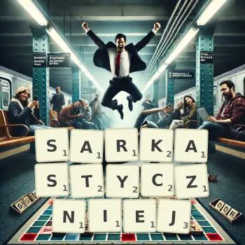 Kreatywna ilustracja do gry w Scrabble ze słowem SARKASTYCZNIEJ ułożonym z płytek na planszy.