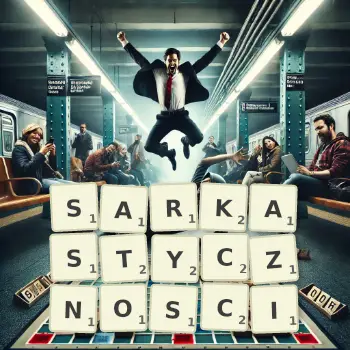 Kreatywna ilustracja do gry w Scrabble ze słowem SARKASTYCZNOSCI ułożonym z płytek na planszy.