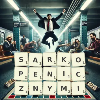 Kreatywna ilustracja do gry w Scrabble ze słowem SARKOPENICZNYMI ułożonym z płytek na planszy.