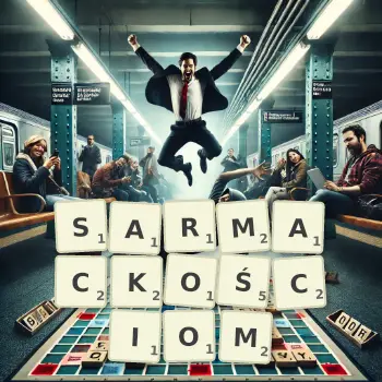 Kreatywna ilustracja do gry w Scrabble ze słowem SARMACKOŚCIOM ułożonym z płytek na planszy.