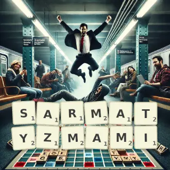 Kreatywna ilustracja do gry w Scrabble ze słowem SARMATYZMAMI ułożonym z płytek na planszy.