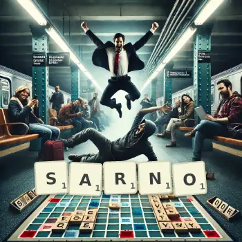 Kreatywna ilustracja do gry w Scrabble ze słowem SARNO ułożonym z płytek na planszy.