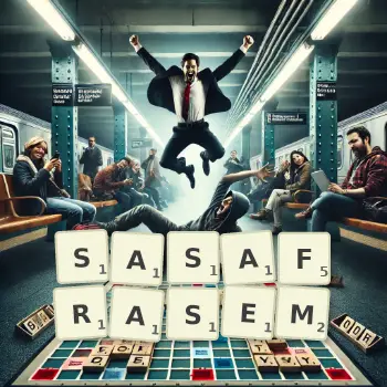 Kreatywna ilustracja do gry w Scrabble ze słowem SASAFRASEM ułożonym z płytek na planszy.