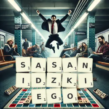 Kreatywna ilustracja do gry w Scrabble ze słowem SASANIDZKIEGO ułożonym z płytek na planszy.