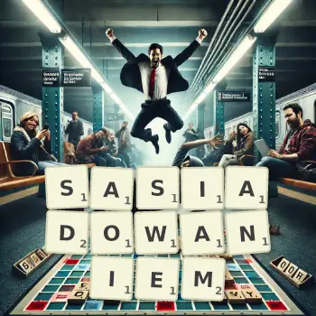 Kreatywna ilustracja do gry w Scrabble ze słowem SASIADOWANIEM ułożonym z płytek na planszy.