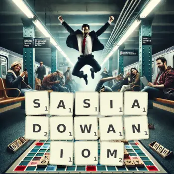 Kreatywna ilustracja do gry w Scrabble ze słowem SASIADOWANIOM ułożonym z płytek na planszy.