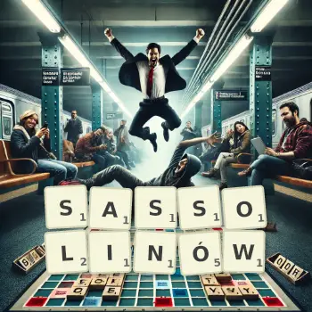 Kreatywna ilustracja do gry w Scrabble ze słowem SASSOLINÓW ułożonym z płytek na planszy.