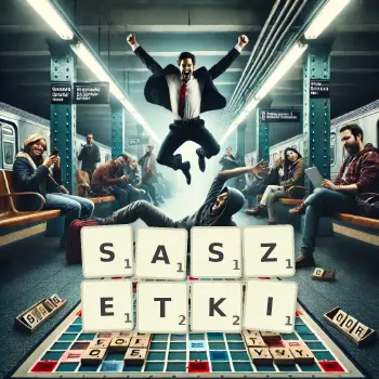 Kreatywna ilustracja do gry w Scrabble ze słowem SASZETKI ułożonym z płytek na planszy.