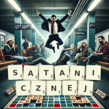 Kreatywna ilustracja do gry w Scrabble ze słowem SATANICZNEJ ułożonym z płytek na planszy.