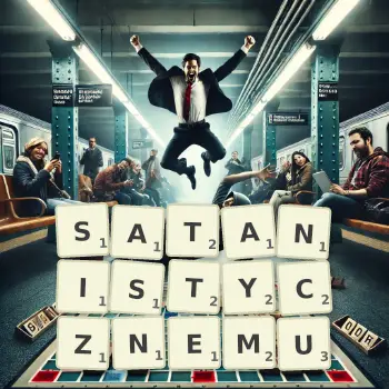 Kreatywna ilustracja do gry w Scrabble ze słowem SATANISTYCZNEMU ułożonym z płytek na planszy.
