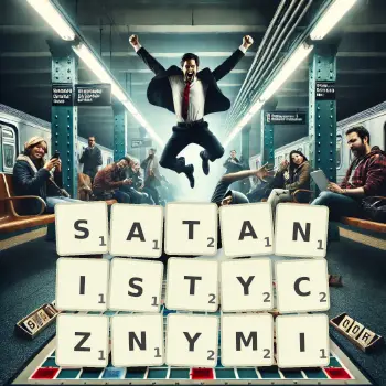 Kreatywna ilustracja do gry w Scrabble ze słowem SATANISTYCZNYMI ułożonym z płytek na planszy.