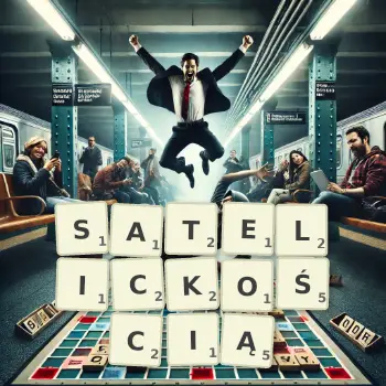 Kreatywna ilustracja do gry w Scrabble ze słowem SATELICKOŚCIĄ ułożonym z płytek na planszy.