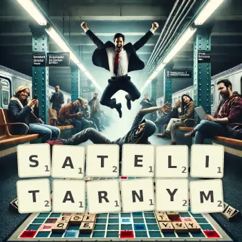 Kreatywna ilustracja do gry w Scrabble ze słowem SATELITARNYM ułożonym z płytek na planszy.