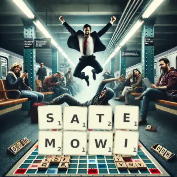 Kreatywna ilustracja do gry w Scrabble ze słowem SATEMOWI ułożonym z płytek na planszy.