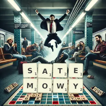 Kreatywna ilustracja do gry w Scrabble ze słowem SATEMOWY ułożonym z płytek na planszy.