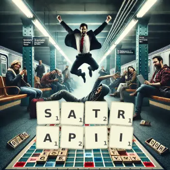 Kreatywna ilustracja do gry w Scrabble ze słowem SATRAPII ułożonym z płytek na planszy.