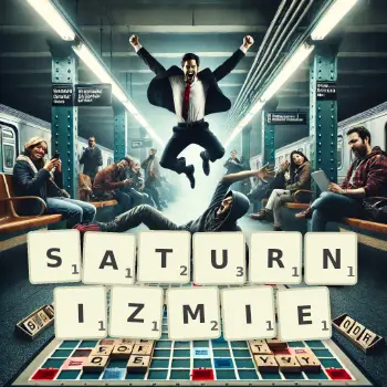 Kreatywna ilustracja do gry w Scrabble ze słowem SATURNIZMIE ułożonym z płytek na planszy.