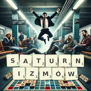 Kreatywna ilustracja do gry w Scrabble ze słowem SATURNIZMÓW ułożonym z płytek na planszy.