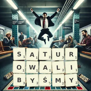 Kreatywna ilustracja do gry w Scrabble ze słowem SATUROWALIBYŚMY ułożonym z płytek na planszy.
