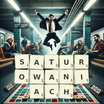 Kreatywna ilustracja do gry w Scrabble ze słowem SATUROWANIACH ułożonym z płytek na planszy.