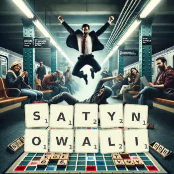 Kreatywna ilustracja do gry w Scrabble ze słowem SATYNOWALI ułożonym z płytek na planszy.