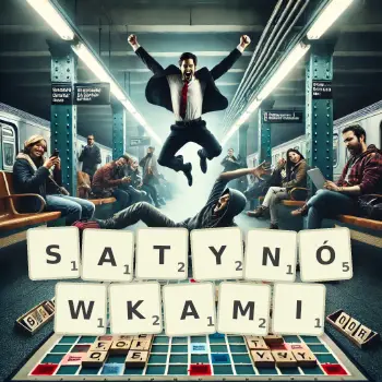 Kreatywna ilustracja do gry w Scrabble ze słowem SATYNÓWKAMI ułożonym z płytek na planszy.