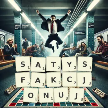 Kreatywna ilustracja do gry w Scrabble ze słowem SATYSFAKCJONUJ ułożonym z płytek na planszy.