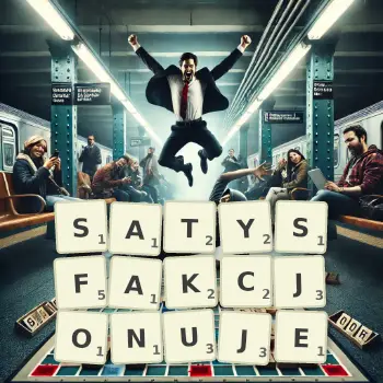 Kreatywna ilustracja do gry w Scrabble ze słowem SATYSFAKCJONUJE ułożonym z płytek na planszy.