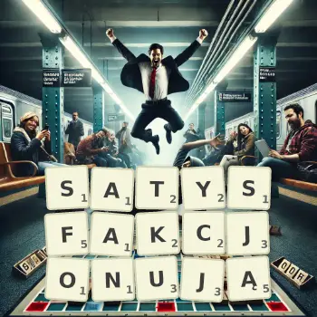 Kreatywna ilustracja do gry w Scrabble ze słowem SATYSFAKCJONUJĄ ułożonym z płytek na planszy.