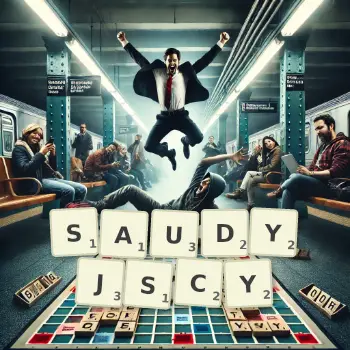 Kreatywna ilustracja do gry w Scrabble ze słowem SAUDYJSCY ułożonym z płytek na planszy.