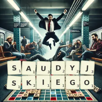 Kreatywna ilustracja do gry w Scrabble ze słowem SAUDYJSKIEGO ułożonym z płytek na planszy.