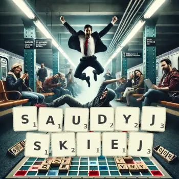 Kreatywna ilustracja do gry w Scrabble ze słowem SAUDYJSKIEJ ułożonym z płytek na planszy.