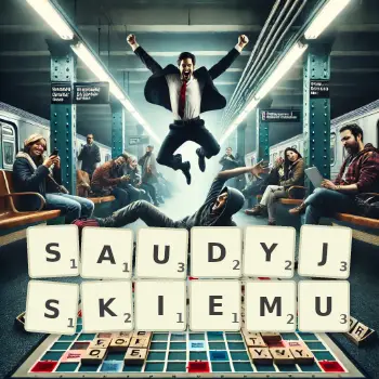 Kreatywna ilustracja do gry w Scrabble ze słowem SAUDYJSKIEMU ułożonym z płytek na planszy.