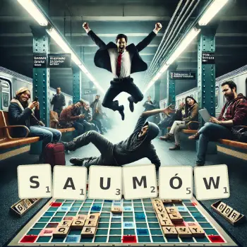 Kreatywna ilustracja do gry w Scrabble ze słowem SAUMÓW ułożonym z płytek na planszy.