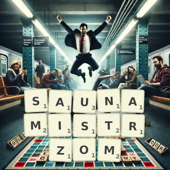 Kreatywna ilustracja do gry w Scrabble ze słowem SAUNAMISTRZOM ułożonym z płytek na planszy.