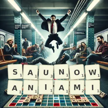 Kreatywna ilustracja do gry w Scrabble ze słowem SAUNOWANIAMI ułożonym z płytek na planszy.