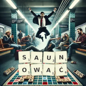 Kreatywna ilustracja do gry w Scrabble ze słowem SAUNOWAĆ ułożonym z płytek na planszy.