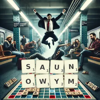 Kreatywna ilustracja do gry w Scrabble ze słowem SAUNOWYM ułożonym z płytek na planszy.