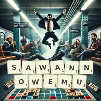 Kreatywna ilustracja do gry w Scrabble ze słowem SAWANNOWEMU ułożonym z płytek na planszy.