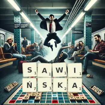 Kreatywna ilustracja do gry w Scrabble ze słowem SAWIŃSKA ułożonym z płytek na planszy.